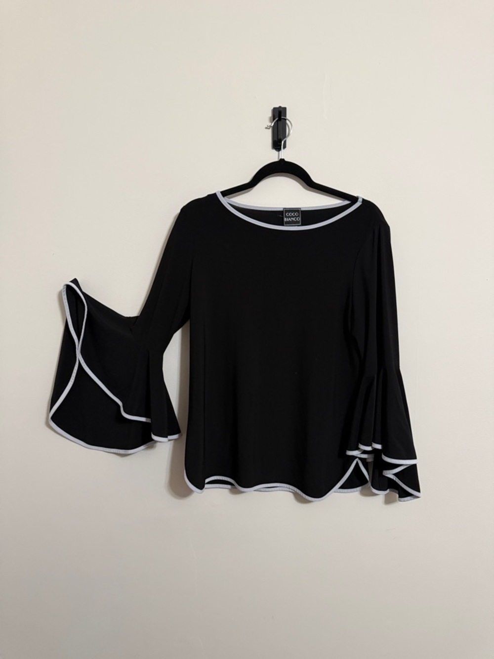 Coco Bianco Black Blouse with White Piping and Bell Sleeves